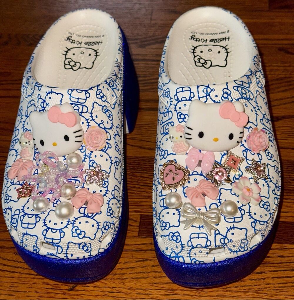 Crocs Siren embellished Hello Kitty jibbitz Platform Clog In blue and white W7